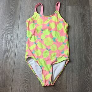 Justice Girls Lemon Print One Piece Swimsuit Yellow Pink Size 12